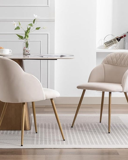 Velvet Dining Chairs Sets of 2, Modern Upholstered Accent Side Chairs with Arm Gold Metal Legs for Kitchen Living Bed Room, Beige - LeafyLoom