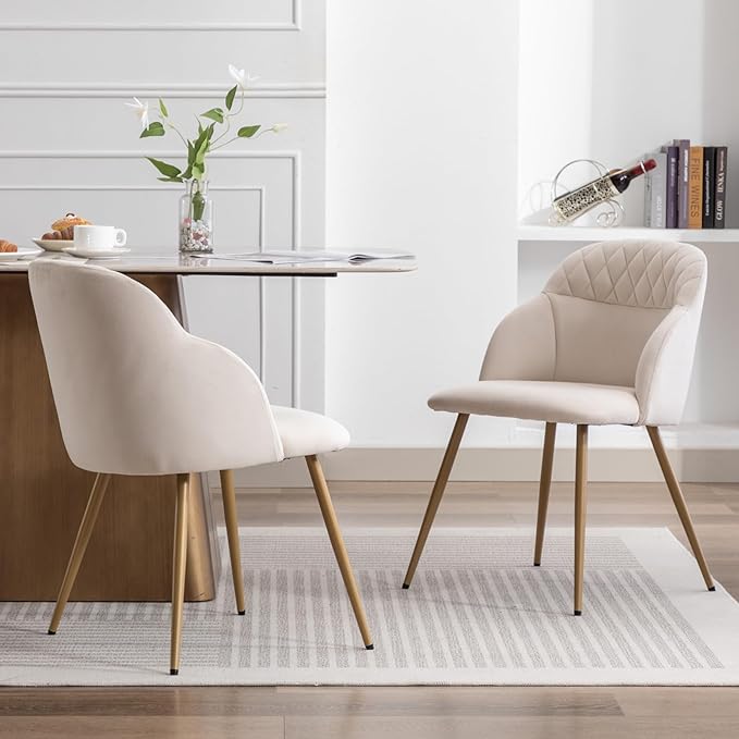 Velvet Dining Chairs Sets of 2, Modern Upholstered Accent Side Chairs with Arm Gold Metal Legs for Kitchen Living Bed Room, Beige - LeafyLoom