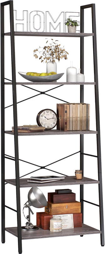 Yusong Bookshelf, Ladder Shelf 5-Tier Bookcase for Bedroom, Industrial Book Shelves Storage Rack with Metal Frame for Home Office, Gray - LeafyLoom