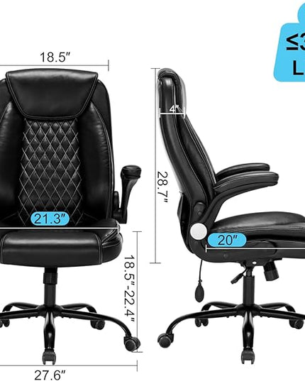 Office Chair Desk Chair High Back Computer Chair - Adjustable Lumbar Support with Flip-Up Arms PU Leather Chair with Spring Cushion - LeafyLoom