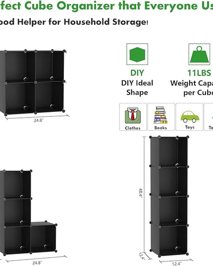 C&AHOME Cube Storage Organizer, 4-Cube Shelves Units, Closet Cabinet, DIY Plastic Modular Book Shelf, Ideal for Bedroom, Living Room, Office, 24.8" L x 12.4" W x 24.8" H Black SHS04A - LeafyLoom
