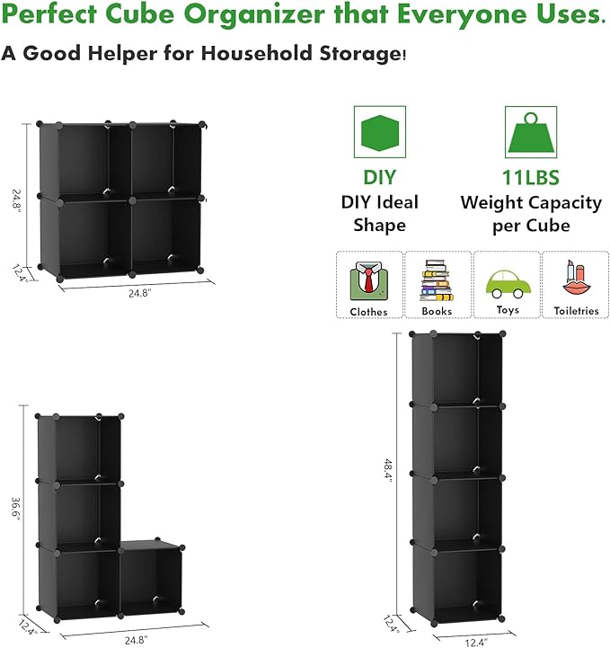 C&AHOME Cube Storage Organizer, 4-Cube Shelves Units, Closet Cabinet, DIY Plastic Modular Book Shelf, Ideal for Bedroom, Living Room, Office, 24.8" L x 12.4" W x 24.8" H Black SHS04A - LeafyLoom