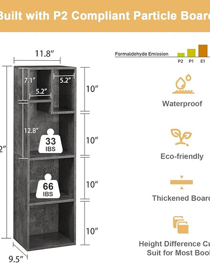 VECELO 4-Tier Bookcase, Modern Storage Cabinet with Height Difference Shelves for Standard Textbooks, 5 Cubes, Vertical or Horizontal, Easy Assembly, Grey - LeafyLoom