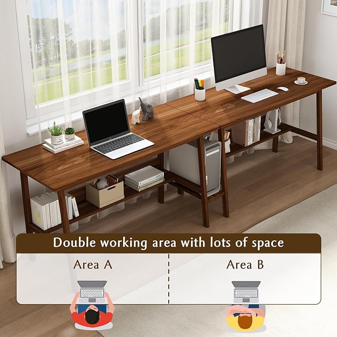 2-Person Writing Desk with Bookshelf - 94" Wooden Extra Long Home Office Work Table, Double Study Computer Workstation with Storage Shelves in White, 94" W x 24" D - LeafyLoom