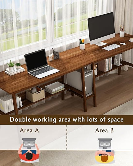 2-Person Writing Desk with Bookshelf - 110" Wooden Extra Long Home Office Work Table, Double Study Computer Workstation with Storage Shelves in White, 110" W x 24" D - LeafyLoom