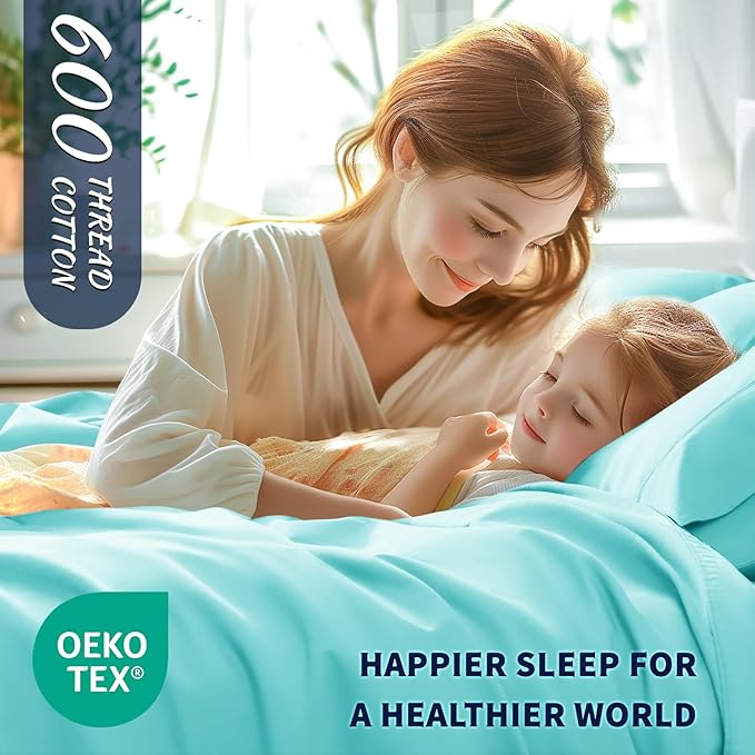 Shilucheng 100% Cotton Sheets Set - 600 Thread Count，Luxury Egyptian Cotton Bed Sheets，5-Star Hotel Quality Sheets, Breathable & Cooling, 16 Inch Deep Pocket - 4 Piece (Seafoam, Full) - LeafyLoom