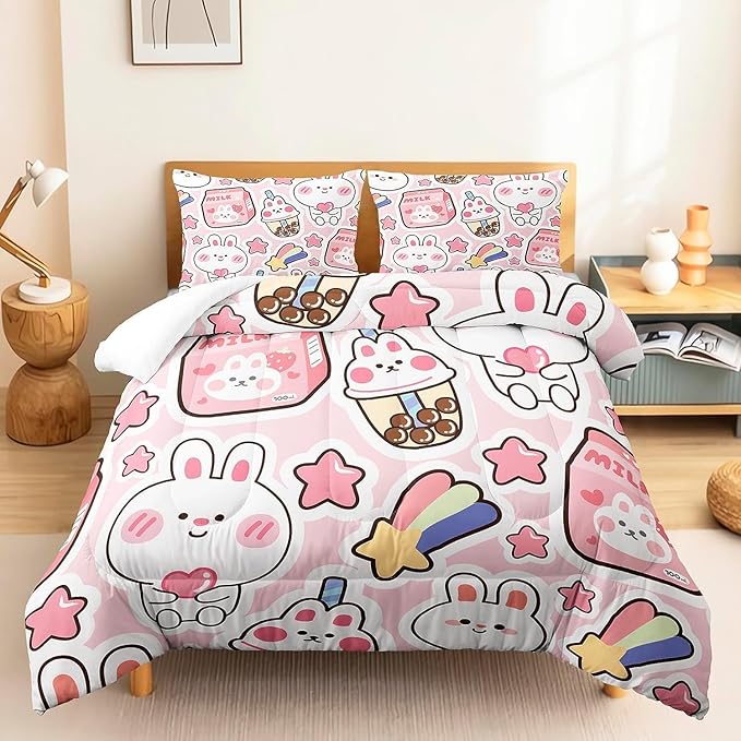 CVHOUSE Kawaii Bunny Comforter Sets King for Girls Women,Kawaii Bedding Sets King Set,Kawaii Bedspread,Kawaii Duvet,Kawaii Bed Set,Kawaii Quilt Set 3 Pcs 1 Comforter and 2 Pillowcases - LeafyLoom