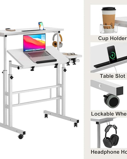 SDHYL 31.5 inches Movable Laptop Desk with Mouse Board Adjustable Height and Angle Anti-Slip Workstation Home Office Desk with Tablet Slot Portable Student Desk, White with Hook - LeafyLoom