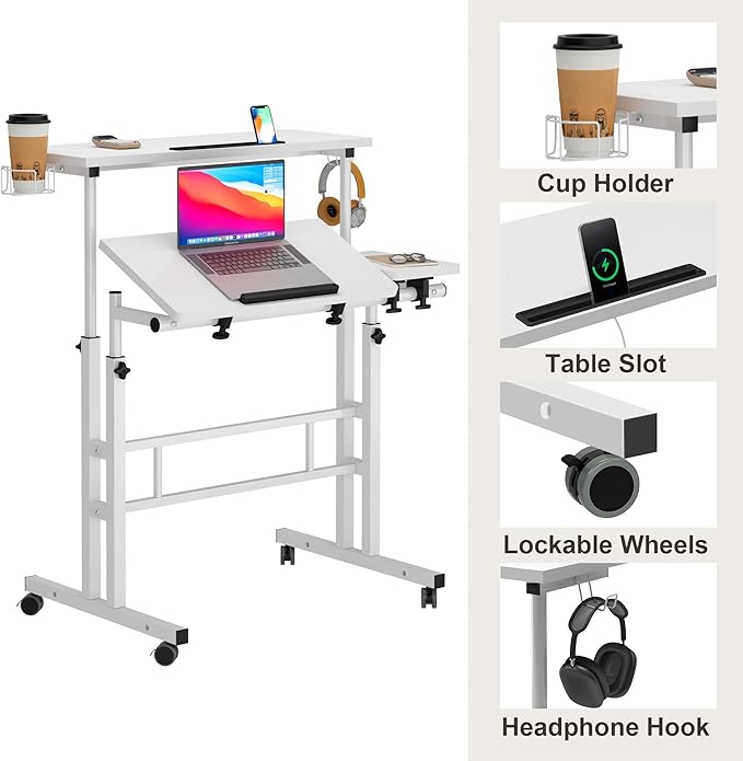 SDHYL 31.5 inches Movable Laptop Desk with Mouse Board Adjustable Height and Angle Anti-Slip Workstation Home Office Desk with Tablet Slot Portable Student Desk, White with Hook - LeafyLoom