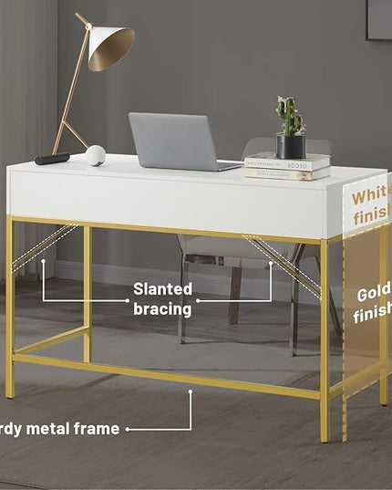 SUPERJARE Vanity Desk with Drawers, 47 inch Computer Desk, Modern Simple Home Office Desks, Makeup Dressing Table for Bedroom - White and Gold - LeafyLoom