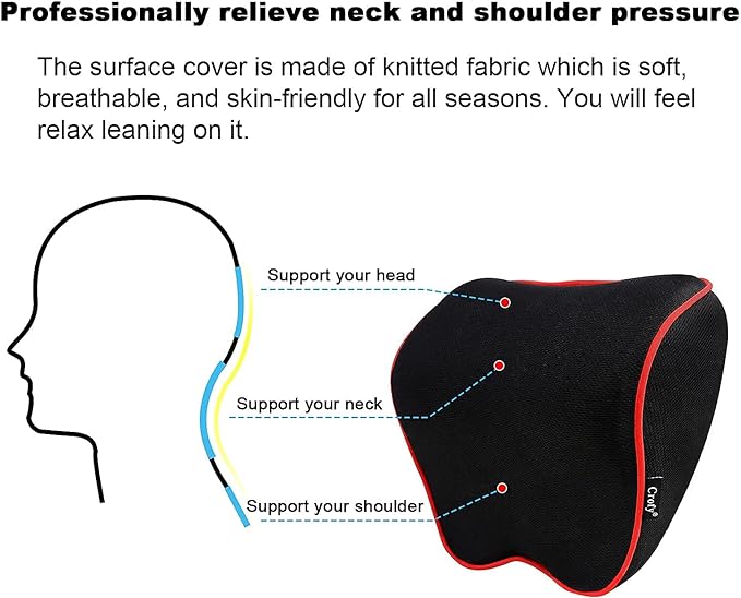 2 Pack Car Neck Pillow, Softness Car Headrest Pillow for Driving with Adjustable Strap, 100% Memory Foam and Breathable Removable Cover, Comfortable Ergonomic Design (Red Side Rope) - LeafyLoom