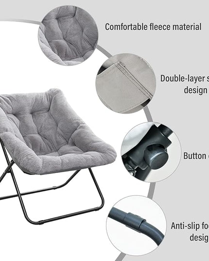 Tiita Comfy Saucer Chair, Soft Faux Fur Oversized Folding Accent Chair, Lounge Lazy Chair for Kids Teens Adults, Metal Frame Moon Chair for Bedroom, Living Room, Dorm Rooms, X-Large, Grey - LeafyLoom