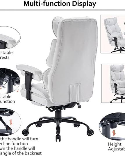 Fabric Office Chair, Big and Tall Office Chair 400 lb Weight Capacity, High Back Executive Office Chair with Foot Rest, Ergonomic Office Chair for Back Pain Relief, White - LeafyLoom