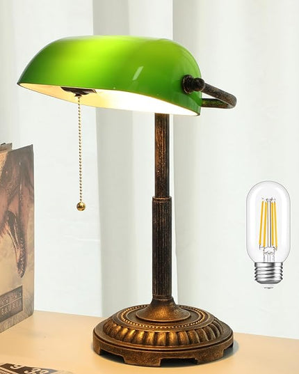 Bankers Lamp, Green Desk Lamp with Pull Switch, Vintage Table Lamps for Home Office, Library, Piano LED Bulb Included (Green) - LeafyLoom