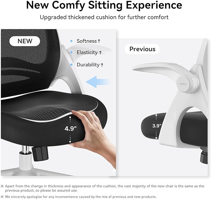 Hbada Office Chair with Flip-Up Armrests, Desk Chair with Saddle Cushion, Ergonomic Office Chair with S-Shaped Backrest, Comfy Mesh Chair for Home and Office, White - LeafyLoom