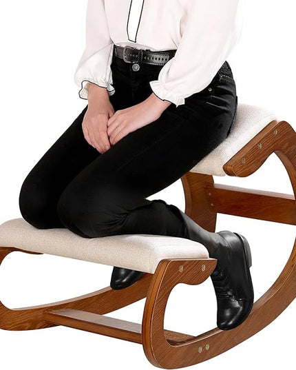 Predawn Ergonomic Kneeling Chair,Rocking Knee Chair Upright Posture Chair for Home Office Meditation Wooden & Linen Cushion-Office Chair for Back Neck Pain Relief & Improving Posture (Pecan) - LeafyLoom