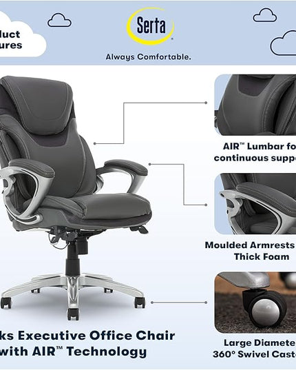 Serta Bryce Executive Office Chair, Ergonomic Computer DeskChair with Patented AIR Lumbar Technology, Comfortable Layered Body Pillows for Cushioning, SertaQuality Foam, Bonded Leather, Gray - LeafyLoom