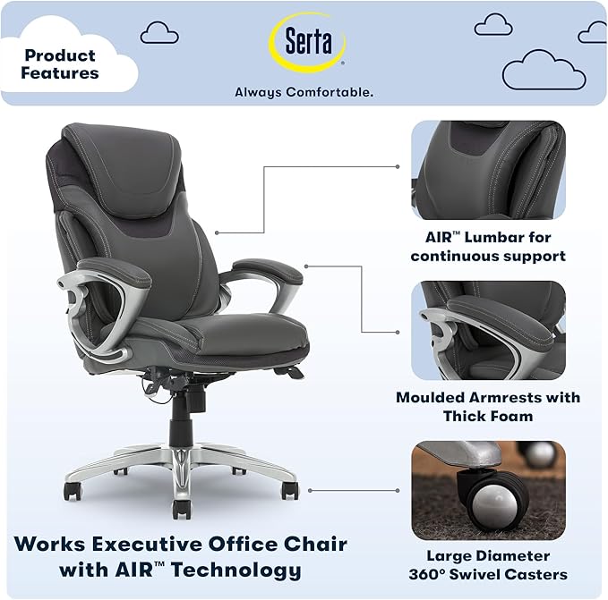 Serta Bryce Executive Office Chair, Ergonomic Computer DeskChair with Patented AIR Lumbar Technology, Comfortable Layered Body Pillows for Cushioning, SertaQuality Foam, Bonded Leather, Gray - LeafyLoom