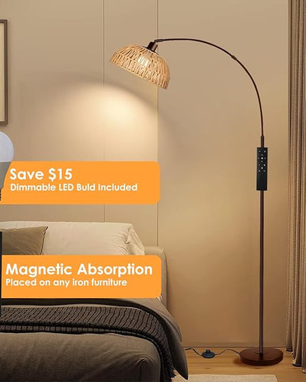 Arc Floor Lamp for Living Room,Bronze Standing Rattan Floor Lamp with Remote Control Dimmable,71" Tall Boho Farmhouse Adjustable Over Couch Lamp for Bedroom Office - LeafyLoom
