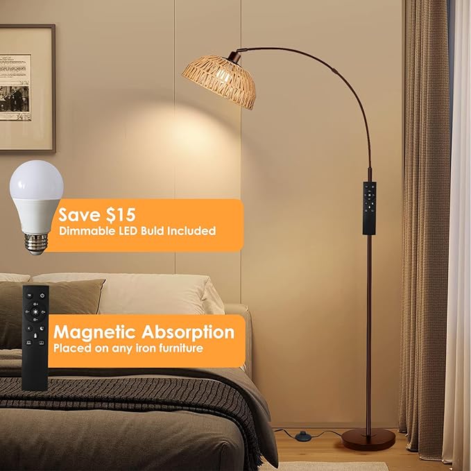 Arc Floor Lamp for Living Room,Bronze Standing Rattan Floor Lamp with Remote Control Dimmable,71" Tall Boho Farmhouse Adjustable Over Couch Lamp for Bedroom Office - LeafyLoom
