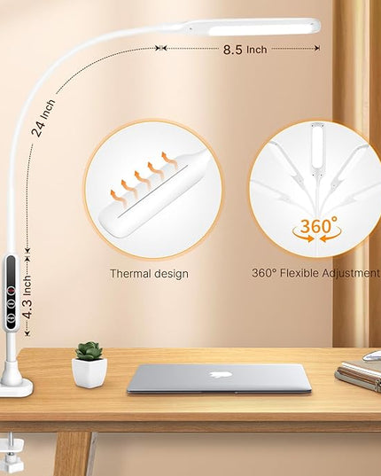 LED Desk Lamp with Clamp, Workbench Light, 10W Eye-Caring Desk Lights, 5 Brightness Levels with Remote Control, Flexible Gooseneck Task Lamp for Office Work Drawing Study Lamp (White) - LeafyLoom