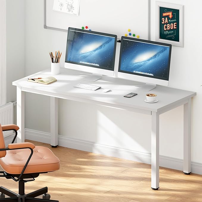 DlandHome 55 inches Large Computer Desk, Composite Wood Board, Decent and Steady Home Office Desk/Workstation/Table, BS1-140WW White and White Legs, 1 Pack - LeafyLoom