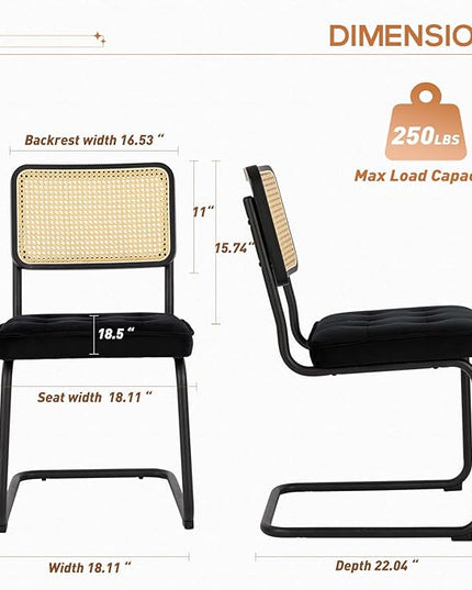 COLAMY Mid Century Modern Dining Chairs Set of 2, Velvet Rattan Dining Room Kitchen Side Chairs with Upholstered Seat and Metal Chrome Legs for Home, Living Room, Bedroom - Black - LeafyLoom