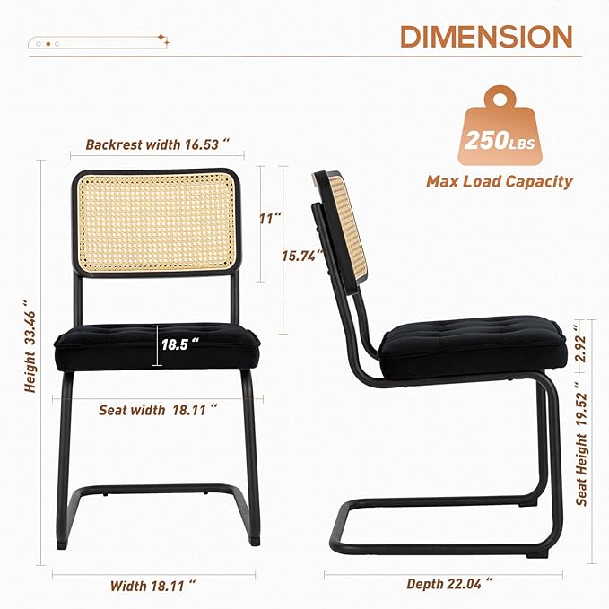 COLAMY Mid Century Modern Dining Chairs Set of 2, Velvet Rattan Dining Room Kitchen Side Chairs with Upholstered Seat and Metal Chrome Legs for Home, Living Room, Bedroom - Black - LeafyLoom