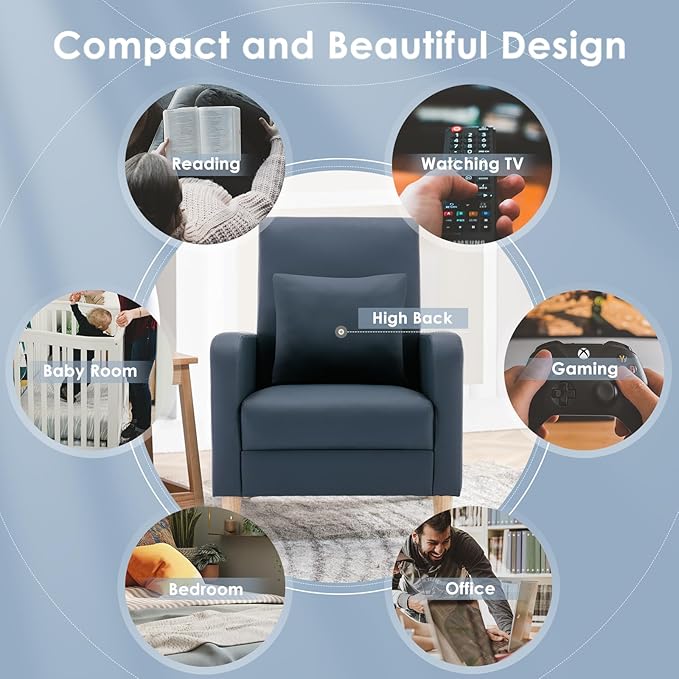 COLAMY Modern Upholstered Accent Chair Armchair with Pillow, PU Leather Reading Living Room Side Chair,Single Sofa with Wood Legs, L-Blue - LeafyLoom