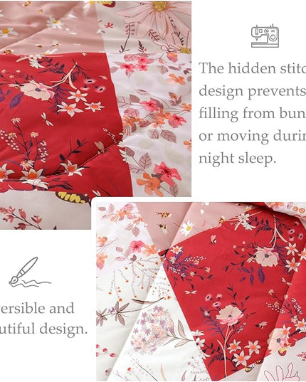 Whale Flotilla Queen Full Comforter Set, Soft Reversible Red Bedding Comforter Set with Boho Pattern, 1 Micoriber Patchwork Comforter and 2 Pillow Shams, 3 Pieces - LeafyLoom