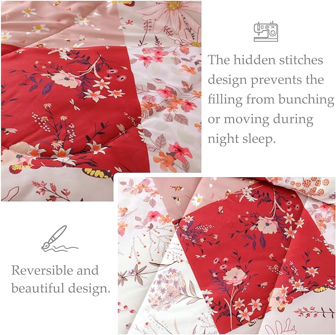 Whale Flotilla Queen Full Comforter Set, Soft Reversible Red Bedding Comforter Set with Boho Pattern, 1 Micoriber Patchwork Comforter and 2 Pillow Shams, 3 Pieces - LeafyLoom