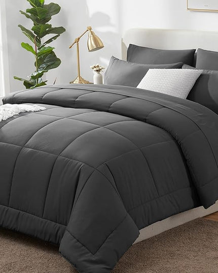 CozyLux California King Size Comforter Sets - 7 Pieces Bed in a Bag Set Dark Grey, Bedding Sets Cal King with All Season Quilted Comforter, Flat Sheet, Fitted Sheet, Pillowcases, Dark Grey - LeafyLoom