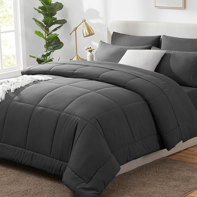 CozyLux California King Size Comforter Sets - 7 Pieces Bed in a Bag Set Dark Grey, Bedding Sets Cal King with All Season Quilted Comforter, Flat Sheet, Fitted Sheet, Pillowcases, Dark Grey - LeafyLoom