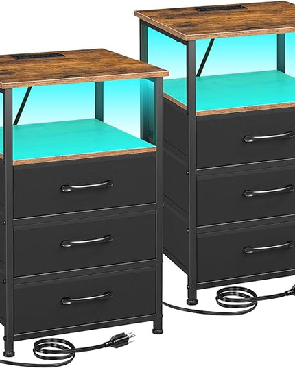 Nightstands Set of 2, Large End Tables Living Room, Bed Side Tables with Charging Station, 24.7" Tall Night Stand with 3 Fabric Drawers and LED Light Strip for Bedroom HNS013BR - LeafyLoom
