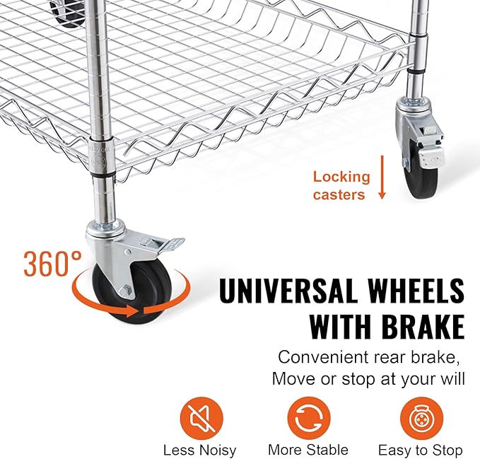 VEVOR Kitchen Utility Cart, 3 Tiers, Wire Rolling Cart with 661 LBS Capacity, Steel Service Cart on Wheels, Metal Storage Trolley with 80 mm Deep Basket Curved Handle 6 Hooks, NSF Listed - LeafyLoom