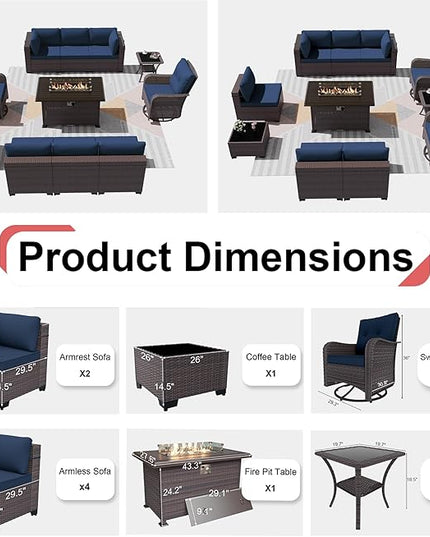 Patio Furniture Sectional Sofa Set 11PCS PE Rattan Swivel Rocking Chairs Patio Conversation Set w/43in Gas Fire Pit Table, Outdoor Furniture with 55000 BTU Propane Fire Pit, Navy Blue - LeafyLoom