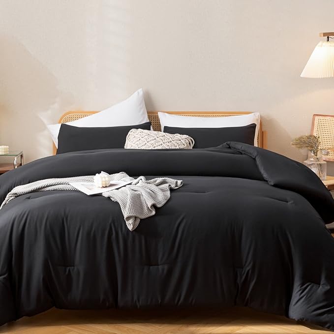 ROSGONIA Comforter Full Size Black for Girls Boys Teens, 3pcs (1 Boho Comforter & 2 Pillowcases), Lightweight Dorm Bedding Soft All Season Bed Set - LeafyLoom