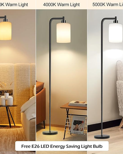 QiMH Floor Lamps for Living Room, Modern LED Standing Reading Light for Bedroom with Glass Shade, Tall Industrial 3 Colors Dimmable Pole Lamp with Foot Control for Home Office Corner Decor (Black) - LeafyLoom