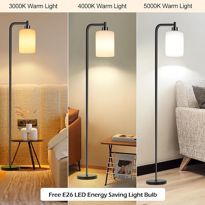 QiMH Floor Lamps for Living Room, Modern LED Standing Reading Light for Bedroom with Glass Shade, Tall Industrial 3 Colors Dimmable Pole Lamp with Foot Control for Home Office Corner Decor (Black) - LeafyLoom