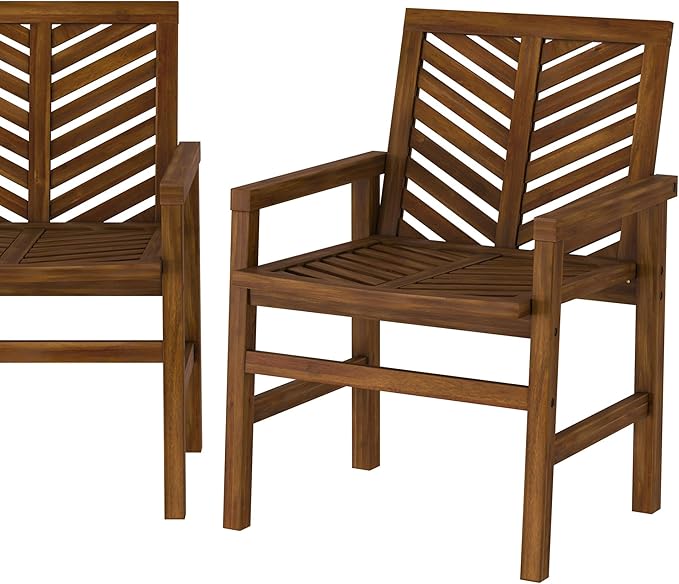 Walker Edison 2 Piece Outdoor Patio Chevron Wood Chair Set All Weather Backyard Conversation Garden Poolside Balcony, Set of 2, Dark Brown - LeafyLoom