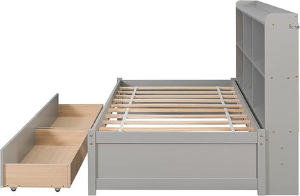 Twin Size Platform 2 Storage Drawers and Side Bookcase, Solid Wood Day Captain, Ideal Bed Frame for Bedroom, Living Room, Gray - LeafyLoom