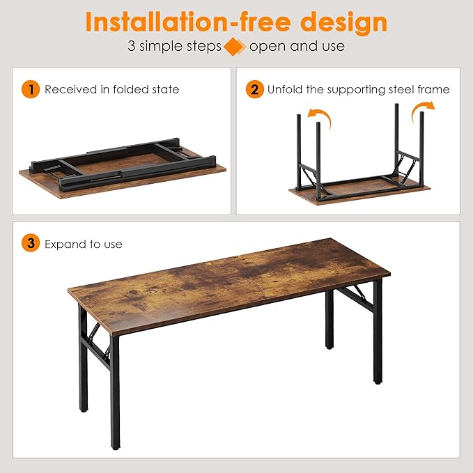 Need Large Computer Desk, 62 inches Long Office Desk, No Install Needed Folding Table Writing Table Workstation for Small Space, Rustic Brown - LeafyLoom