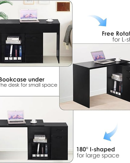 L-Shaped Rotating Computer Desk with Storage Shelves 68 inch Home Office Desk Corner with Drawers and File Cabinet Multipurpose Study Writing Table for Bedroom Small Space Black - LeafyLoom