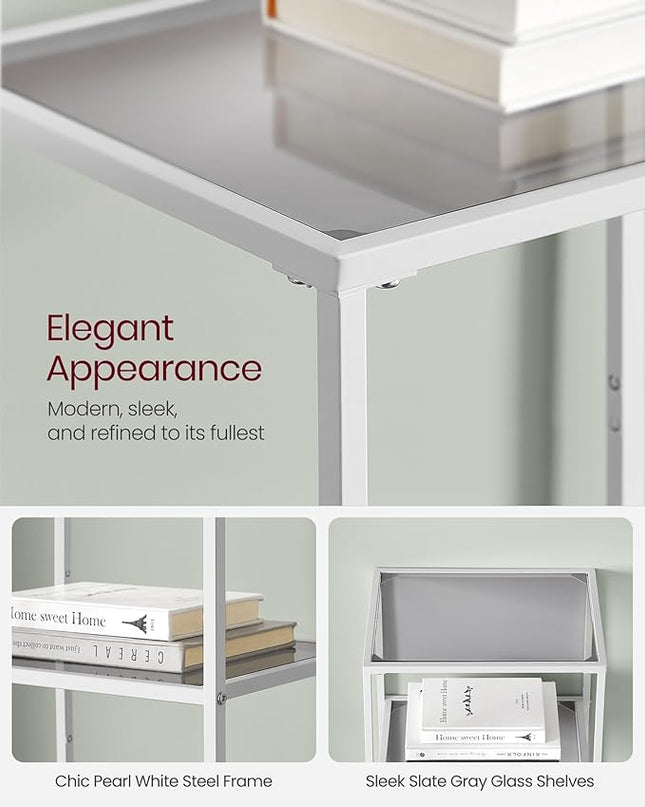 VASAGLE Bookcase, 5-Tier Bookshelf, Slim Shelving Unit for Bedroom, Bathroom, Home Office, Tempered Glass, Steel Frame, Pearl White and Slate Gray ULGT029W01 - LeafyLoom
