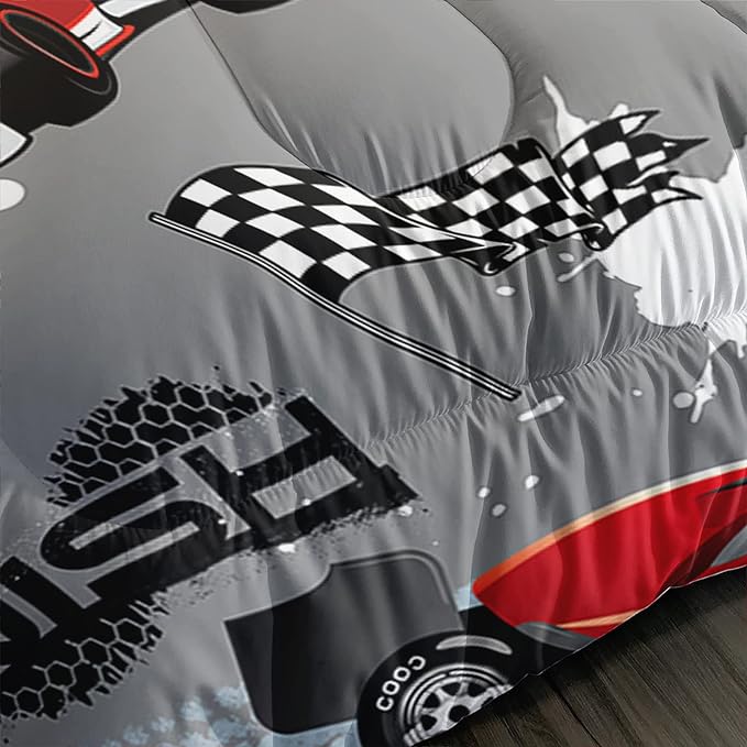 Axolotl Kid Comforter Set Full Size,Racing Car Bedding Set for Boys Girls Teen Car Racing Gifts,Race Cars Quilt Bed Set with 1 Comforter 2 Pillowcases,Red Grey - LeafyLoom