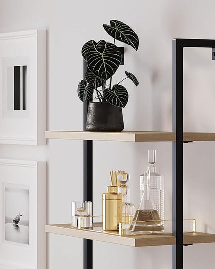 Nathan James Theo Ladder 3 tier Open Bookshelf with Rattan Drawers and Matte Steel Frame, Light Oak/Black - LeafyLoom