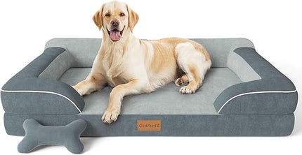 Jumbo Orthopedic Dog Bed for Extra Large Dogs With Cooling Gel Memory Foam, Waterproof Removable Washable Cover, 45" Sofa Couch Dutch Velvet With Bone Toy, Dark Gray LeafyLoom