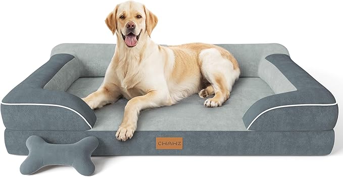 Jumbo Orthopedic Dog Bed for Extra Large Dogs With Cooling Gel Memory Foam, Waterproof Removable Washable Cover, 45" Sofa Couch Dutch Velvet With Bone Toy, Dark Gray LeafyLoom
