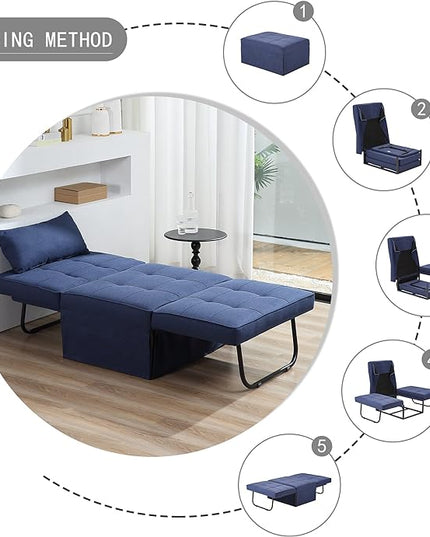 Sofa Bed, 4 in 1 Multi-Function Folding Ottoman Breathable Linen Couch Bed with Adjustable Backrest Modern Convertible Chair for Living Room Apartment Office,Blue - LeafyLoom