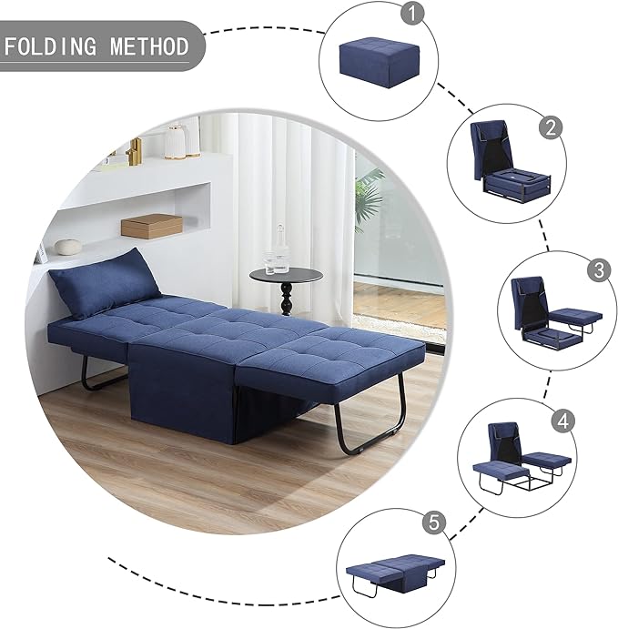 Sofa Bed, 4 in 1 Multi-Function Folding Ottoman Breathable Linen Couch Bed with Adjustable Backrest Modern Convertible Chair for Living Room Apartment Office,Blue - LeafyLoom